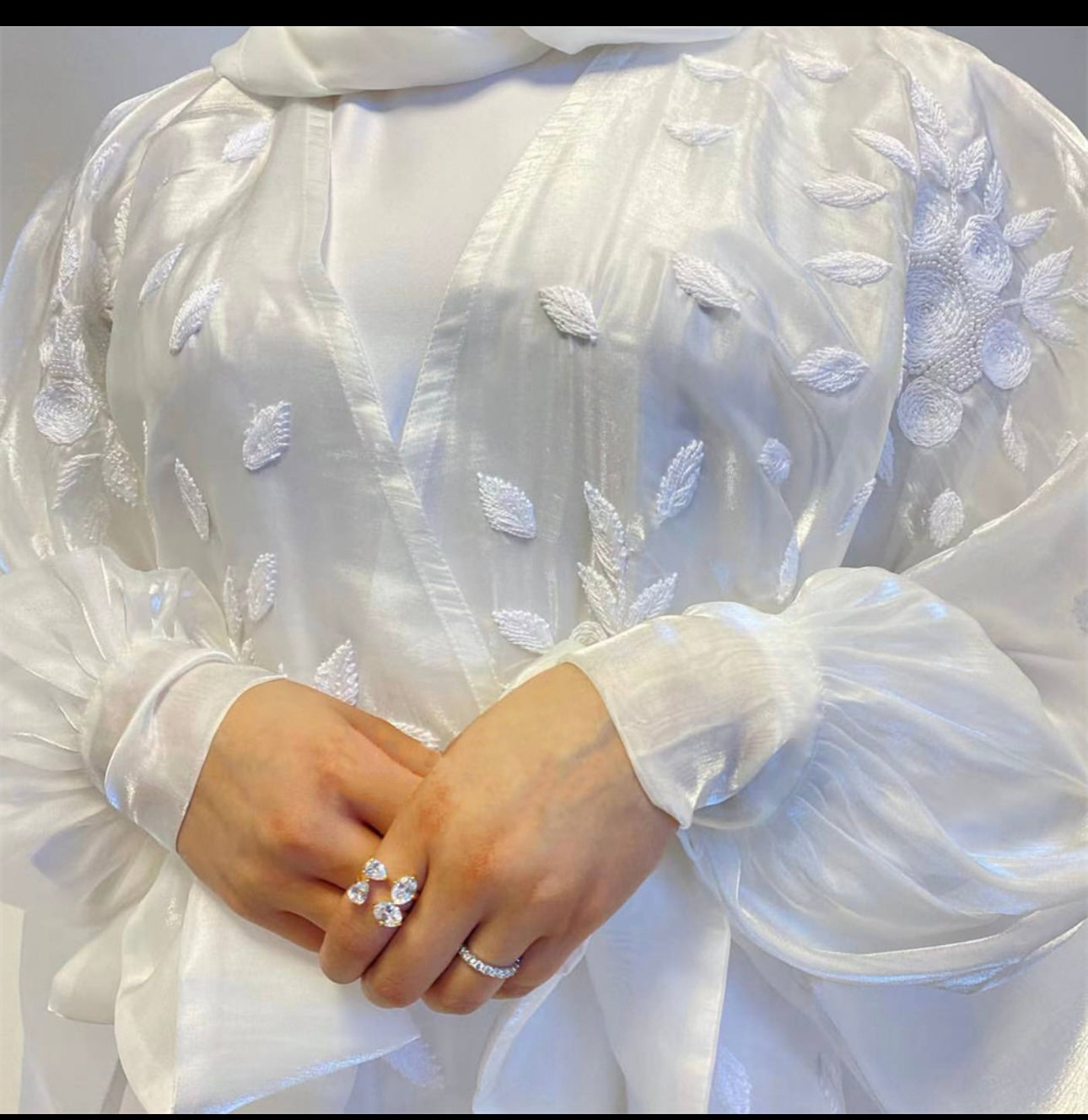 Silky White Embroidered Abaya