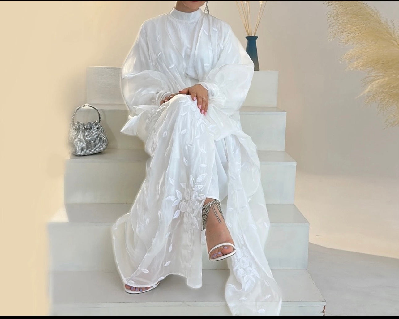 Silky White Embroidered Abaya