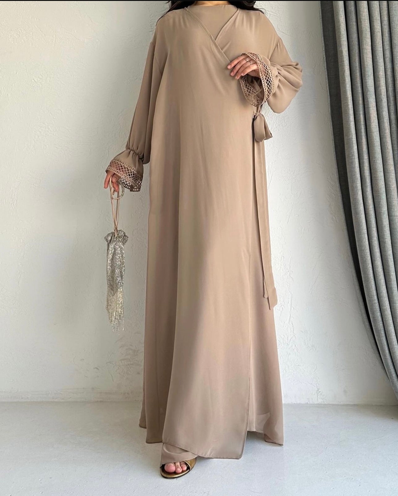 Double Layered Side Tie Up Detail Abaya Dress