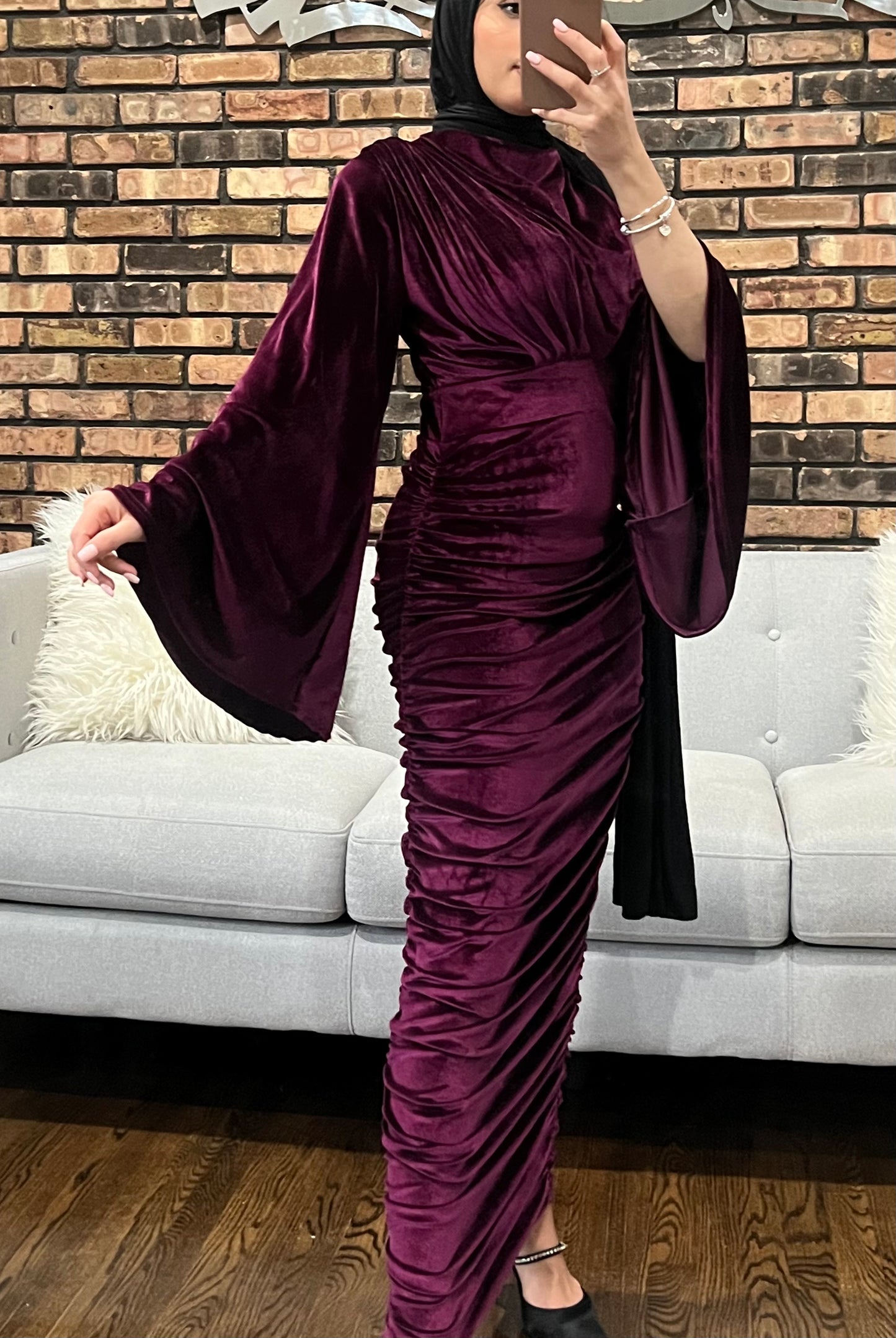 Velvet Maxi Evening Dress with Flare Sleeve