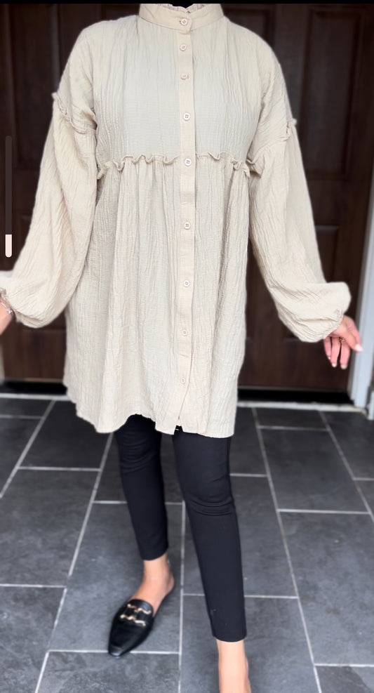 Wrinkled Button Up Long Sleeve Blouse top
