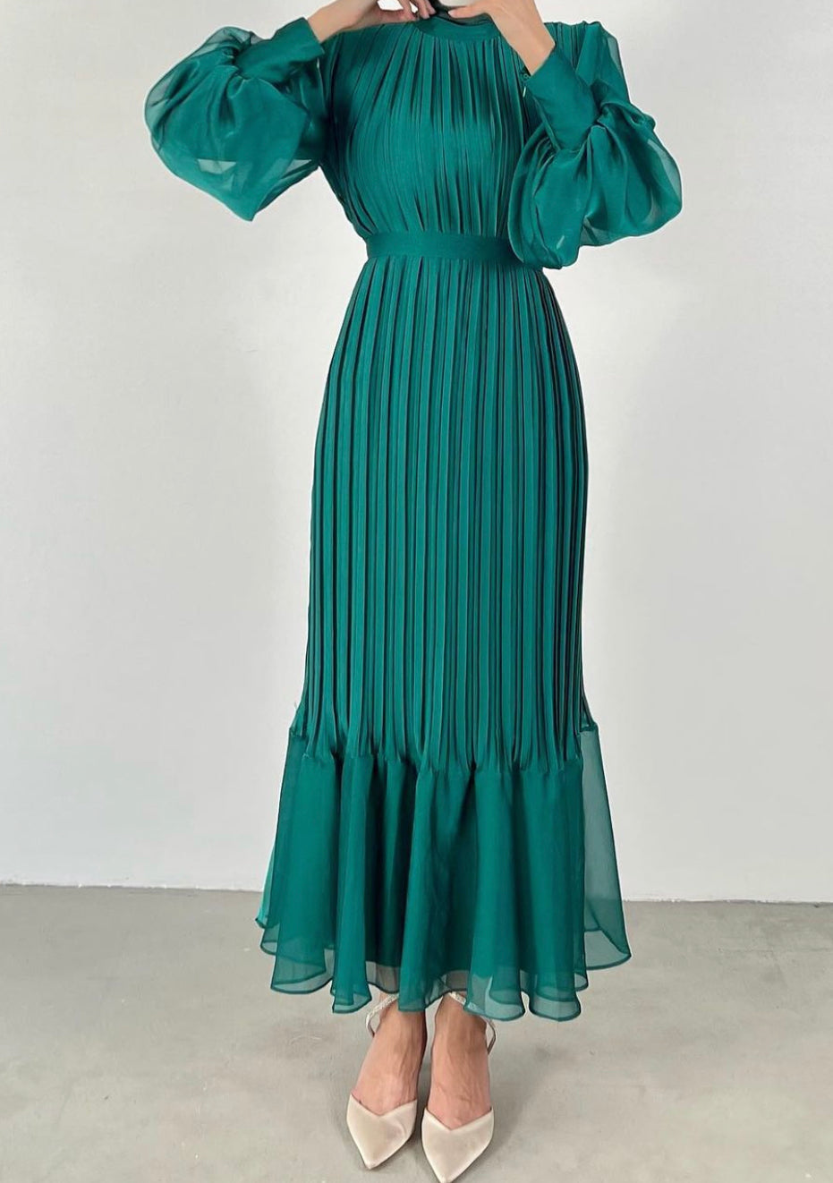 Long Sleeve Pleated Maxi Dress With Belt